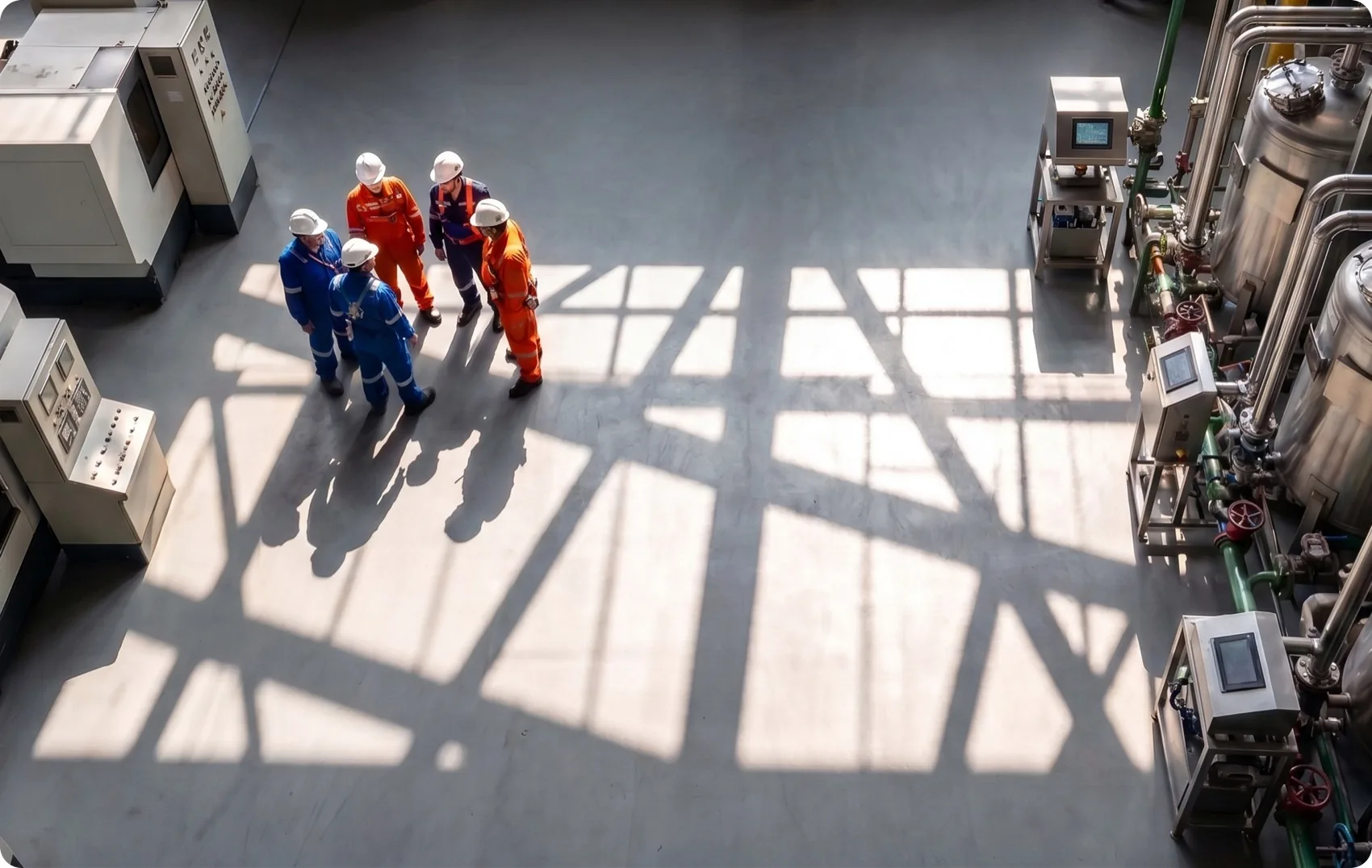 Operators and engineers meeting on a plant floor, seen from above