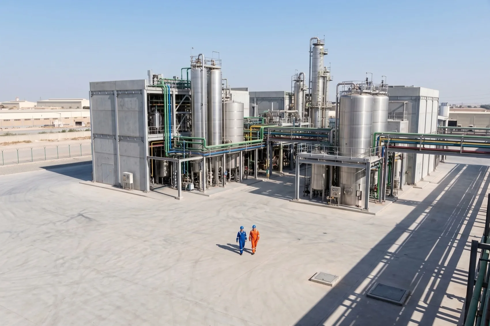 A process plant seen from above, two operators crossing the apron